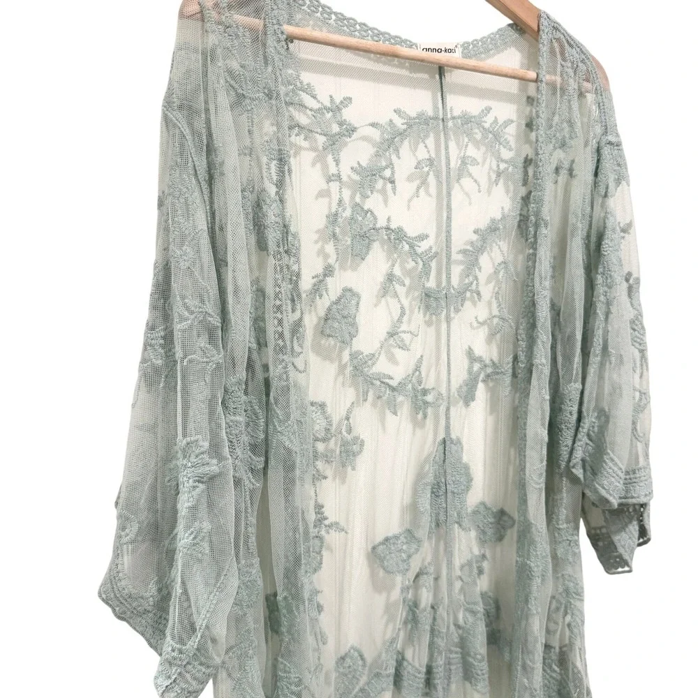 Anna-Kaci Sage Green Embroidered Lace Kimono Duster One Size Sheer Floral
